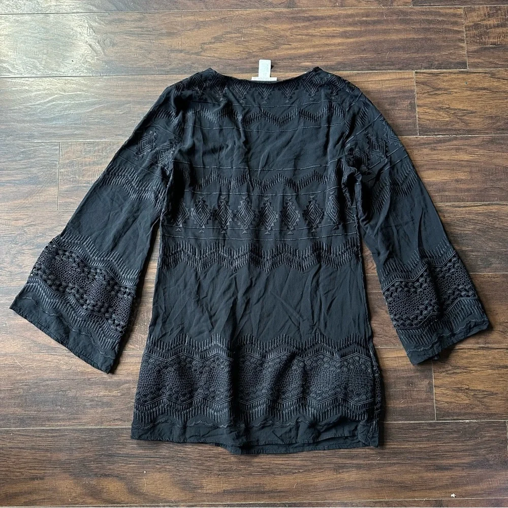 La Blanca Black Crochet V Neck Swim Cover Dress